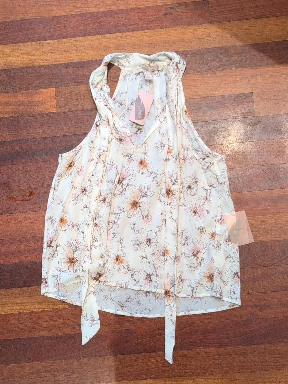 Sleeveless Floral Tie-Neck Women's Top Blouse in White Cherry Blossom